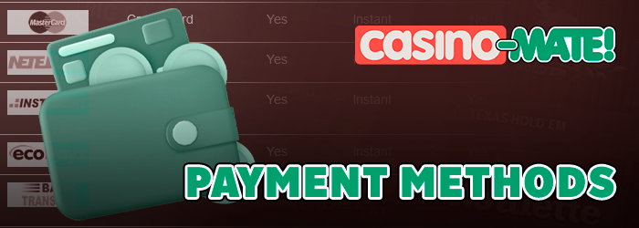 Large selection of payment systems on the site Casino Mate for Australian users